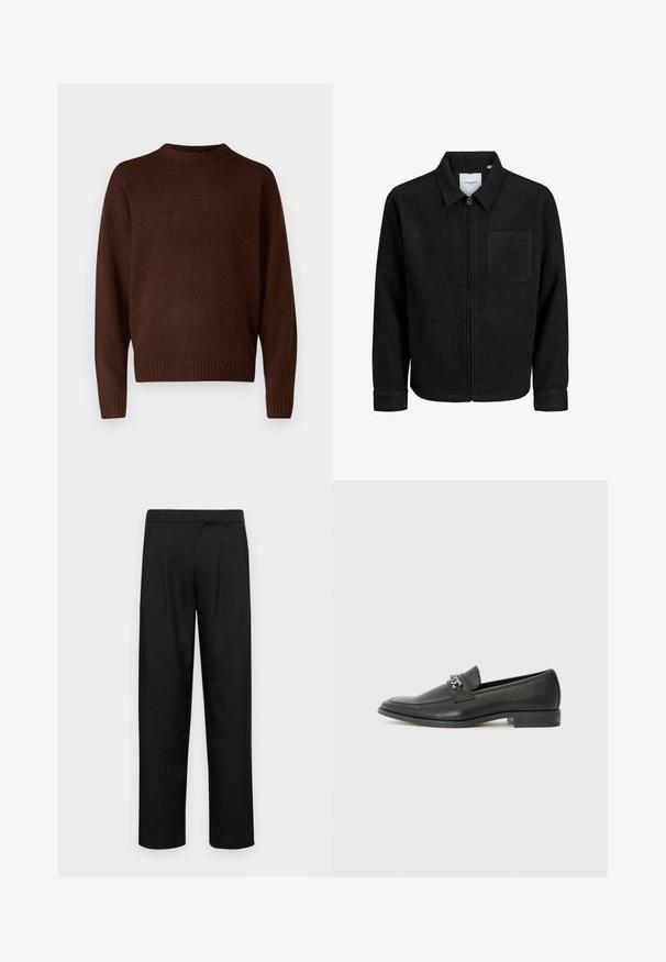 Veste zippée noire avec col et poche poitrine unique, présentée sur fond blanc.; Pull en maille marron avec un col rond, des manches longues et des poignets côtelés. Le matériau est texturé, offrant un aspect doux.; Pantalons noirs en tissu lisse, avec une coupe droite, deux plis avant et une taille standard avec passants de ceinture.; Mocassin en cuir noir avec une finition lisse, présentant un design cousu et une accent décoratif en chaîne métallique sur le rand. Talon plat.