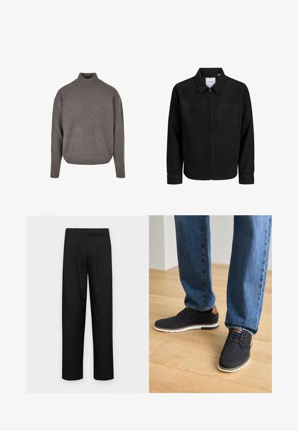 Black zip-up jacket with collar and single chest pocket, displayed on white background.; Gray turtleneck sweater made of soft, textured knit fabric. Loose fit, with long sleeves and ribbed cuffs and hem.; Black trousers made of smooth fabric, featuring a straight-leg design, two front pleats, and standard waistband with belt loops.; Black shoes made of textured material with white sole, brown leather accents, and laces, paired with blue denim jeans on a wooden floor.