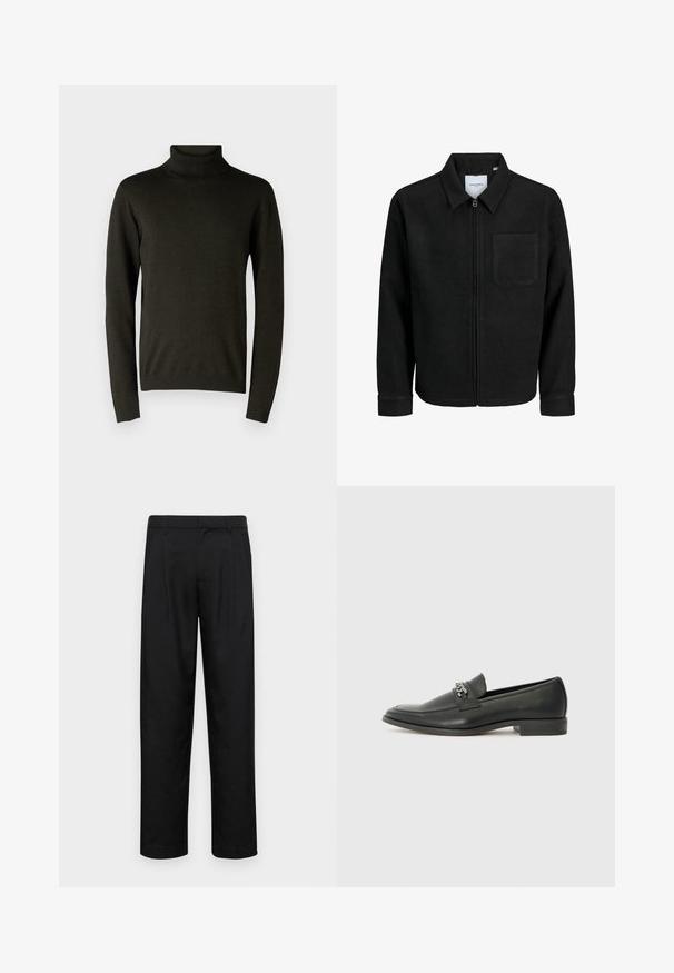 Black zip-up jacket with collar and single chest pocket, displayed on white background.; Dark green turtleneck sweater made of soft knit material, featuring long sleeves and ribbed cuffs and hem. Smooth texture with minimal detailing.; Black trousers made of smooth fabric, featuring a straight-leg design, two front pleats, and standard waistband with belt loops.; Black leather loafer with a smooth finish, featuring a stitched design and a decorative metal chain accent across the vamp. Flat heel.
