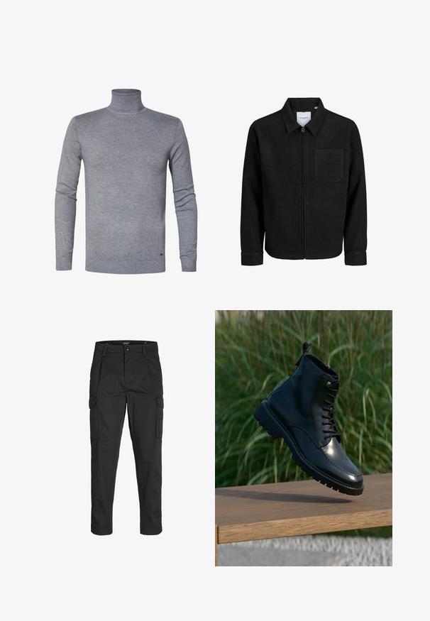 Veste zippée noire avec col et poche poitrine unique, présentée sur fond blanc.; Pull à col roulé gris en tissu tricot doux, avec des manches longues et des poignets et un ourlet côtelés. Couleur unie simple, sans motifs ni accents.; Pantalons cargo noirs en tissu résistant, dotés de plusieurs poches, d'une fermeture par bouton et d'une coupe slim avec des jambes fuselées.; Bottine en cuir noir avec lacets, bout rond, semelle texturée et œillets en métal. Surélevée au-dessus d'une surface en bois avec un arrière-plan herbeux.
