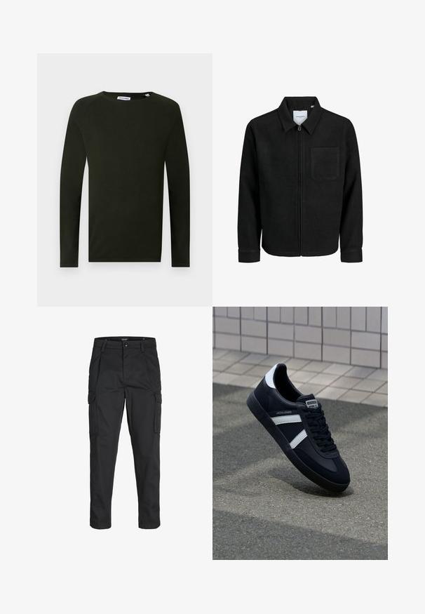 Mustaga lukuga jakker, millel on krae ja üks rinna-tasku, esitatud valgel taustal.; Tume roheline pikakäiselline kudumisülikond, millel on ümber lõigatud kaelus, tekstuuriga kangas ja sobivad varrukalõpud. Sildil on nähtav kaelus.; Mustad mustapõlvik, mis on valmistatud tugeva koe kasutades, sisaldab mitmeid taskuid, nupule kinnitatav sulgemine ja kitsenev disain.; Must have musta sneaker musta valgete triipudega, tekstuurne kummitald ja nööridega esiosa. Omab bränditud märki keele peal.
