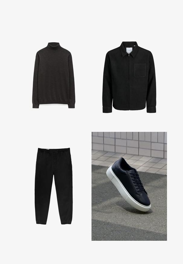 Czarna kurtka z zamkiem na całej długości, z kołnierzem i jedną kieszenią na piersi, umieszczona na białym tle.; Ciemnoszary sweter z golfem, wykonany z miękkiej dzianiny, z długimi rękawami i dopasowanym krojem, bez widocznych logo.; Czarne spodnie z elastycznym paskiem i sznurkiem, zwężane nogawki, boczne kieszenie oraz subtelne detale szwów po bokach. Miękka bawełniana tkanina.; Czarne skórzane sneakersy z okrągłym noskiem i białą gumową podeszwą. Posiadają płaskie sznurowadła i minimalne przeszycia na cholewce. Teksturowana podeszwa zapewnia przyczepność.