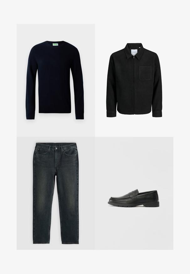 Sort lynlåsjakke med krave og en enkelt brystlomme, vist på hvid baggrund.; Sort langærmet crewneck sweater med ribbede manchetter og kant, præsenteret på en hvid baggrund.; Mørkeblå denimjeans med lige ben, der har fem lommer, lynlås og kontrasterende syninger. Diskret falming på stoffet.; Sorte læderslippers med en glat finish, mokkasin-stil overdel, syninger og gummisål. Klassisk design med en lav hæl.