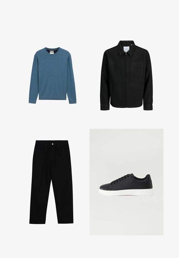 Veste zippée noire avec col et poche poitrine unique, présentée sur fond blanc.; Sweatshirt bleu à col rond fabriqué en coton doux, avec des manches longues, des poignets et un ourlet côtelés, et un petit logo sur le devant.; Pantalons en denim noir avec une coupe droite, un design à cinq poches et une fermeture à bouton à l'avant. Texture lisse avec des détails de couture minimaux.; Pier One UNISEX - Baskets basses - black