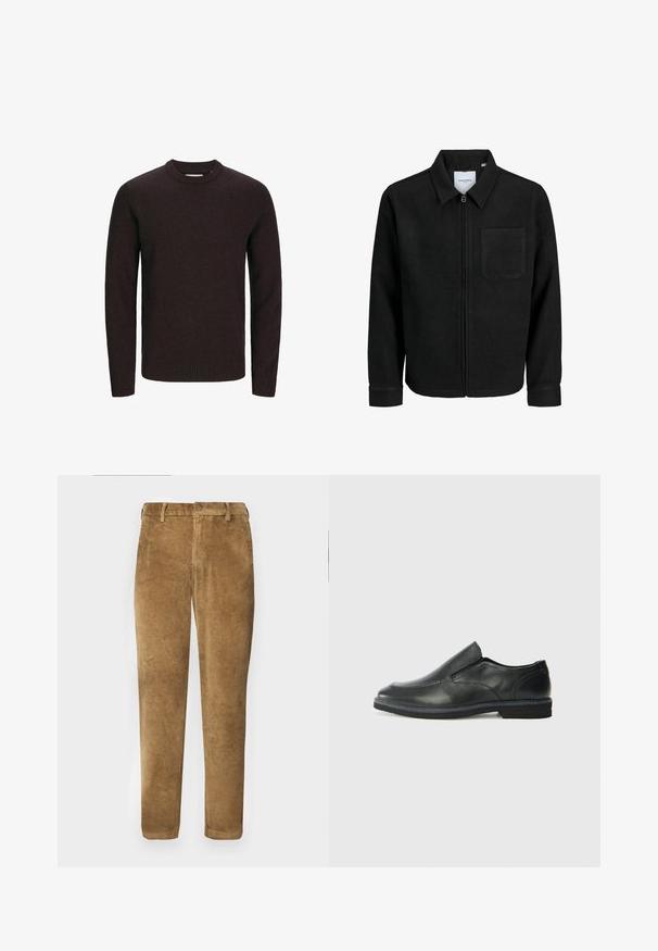 Black zip-up jacket with collar and single chest pocket, displayed on white background.; Brown crew-neck sweater made of soft knit fabric. Features long sleeves and ribbed hem and cuffs for a snug fit. Simple, solid color design.; Brown corduroy pants with vertical ribbed texture, straight cut, button closure, and belt loops. Smooth fabric with a soft finish.; Black leather slip-on shoe with a smooth upper, stitched accents, rounded toe, and a low rubber heel. Sole features minimal tread.