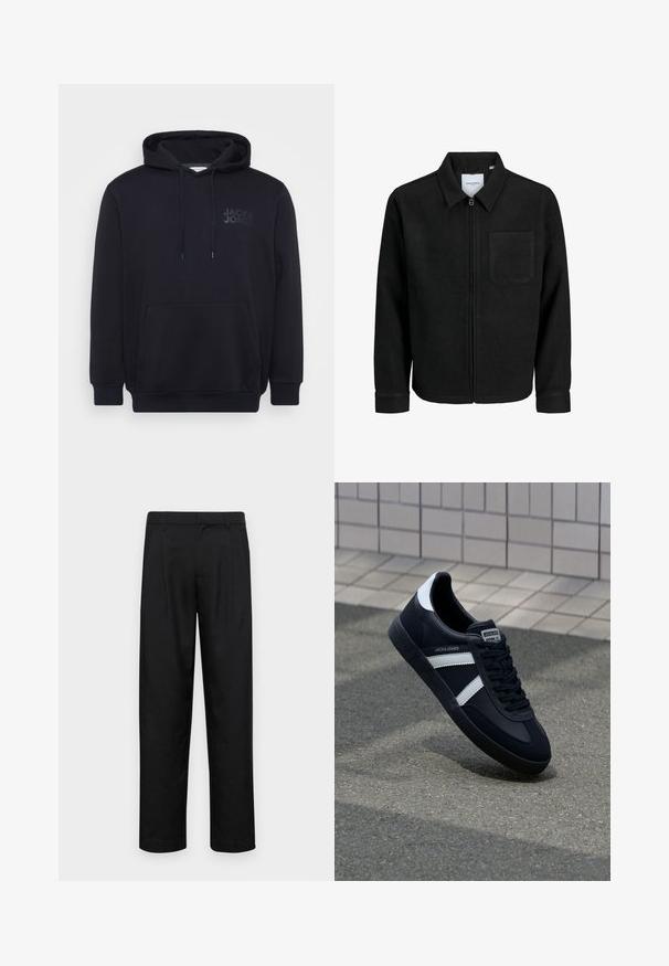 Giacca nera con zip, colletto e una tasca sul petto, mostrata su sfondo bianco.; Felpa nera con cappuccio realizzata in misto cotone, dotata di tasca a marsupio frontale, cappuccio con cordino e un discreto design del logo sul petto.; Pantaloni neri realizzati in tessuto liscio, caratterizzati da un taglio dritto, due pieghe frontali e una vita standard con passanti per la cintura.; Sneaker neri in pelle con strisce bianche, suola in gomma texturizzata e allacciatura frontale. Presenta un'etichetta con il marchio sulla linguetta.