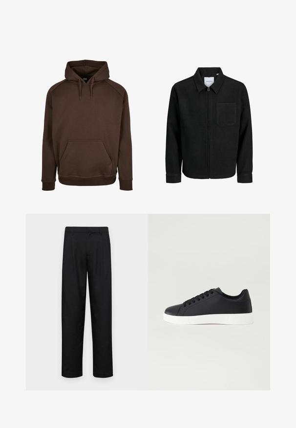 Giacca nera con zip, colletto e una tasca sul petto, mostrata su sfondo bianco.; Felpa con cappuccio marrone realizzata in morbido tessuto, dotata di tasca frontale, polsini e orlo a costine. Texture liscia con cordoncini regolabili.; Pantaloni neri realizzati in tessuto liscio, caratterizzati da un taglio dritto, due pieghe frontali e una vita standard con passanti per la cintura.; Pier One Sneakers basse - black