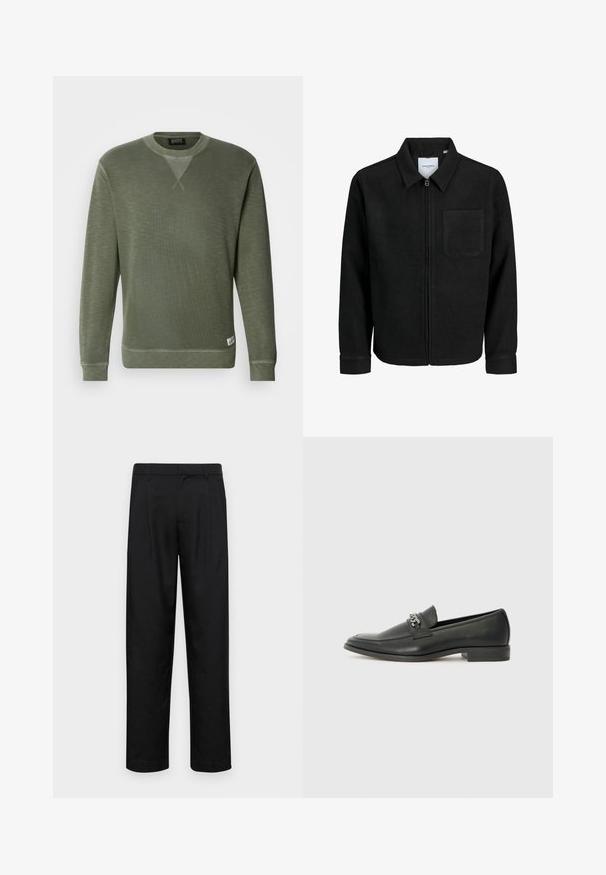 Black zip-up jacket with collar and single chest pocket, displayed on white background.; Green sweatshirt made of textured fabric, featuring a round neckline, long sleeves, and a small brand tag at the bottom left.; Black trousers made of smooth fabric, featuring a straight-leg design, two front pleats, and standard waistband with belt loops.; Black leather loafer with a smooth finish, featuring a stitched design and a decorative metal chain accent across the vamp. Flat heel.