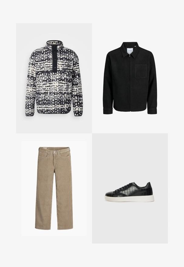 Čierna zipsová bunda s golierom a jednou náprsníkou, vystavená na bielom pozadí.; Columbia HELVETIA - Flísová bunda - black; Hnedé kordové nohavice s širokými nohavicami, disponujúce zapínaním na gombík a zips, piatimi vreckami a jemnou rebrovanou textúrou.; Čierne tenisky s textúrovaným kroko-embosovaným koženým zvrškom, zaoblenou špičkou a kontrastnou bielou gumovou podrážkou s hladkým povrchom.