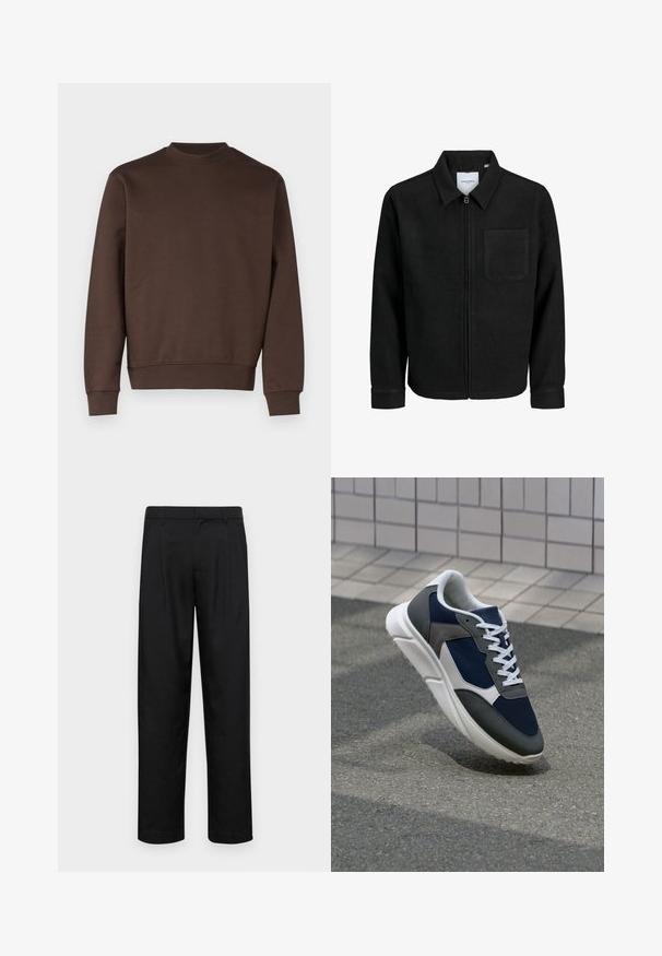 Schwarze Zip-Jacke mit Kragen und einer einzelnen Brusttasche, auf weißem Hintergrund präsentiert.; Brauner Rundhalsausschnitt-Sweatshirt aus einem glatten Baumwollmix. Verfügt über gerippte Bündchen und einen Saum, schlichtes Design ohne Muster oder Verzierungen.; Schwarze Hose aus glattem Stoff, mit geradem Bein Design, zwei vorderen Falten und einem Standardbund mit Gürtelschlaufen.; Sneaker mit einem Obermaterial aus navyblauem Mesh, grauen Wildlederelementen, einer weißen Gummisohle und flachen weißen Schnürsenkeln, entworfen für Komfort und Atmungsaktivität.
