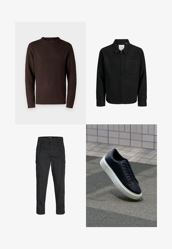 Fekete, zipzáros dzseki gallérral és egyetlen mellzsebbel, fehér háttéren.; Jack & Jones JJROY KNIT CREW NECK - Pulóver - mulch; Fekete cargo nadrág, amely tartós anyagból készült, több zsebet tartalmaz, gombos záródással rendelkezik, és karcsú szabású, szűkített lábakkal bír.; Fekete bőr sportcipő lekerekített orral és fehér gumitalppal. Lapos fűzőkkel és minimális varrásokkal rendelkezik a felsőrészén. Mintás talp a tapadásért.