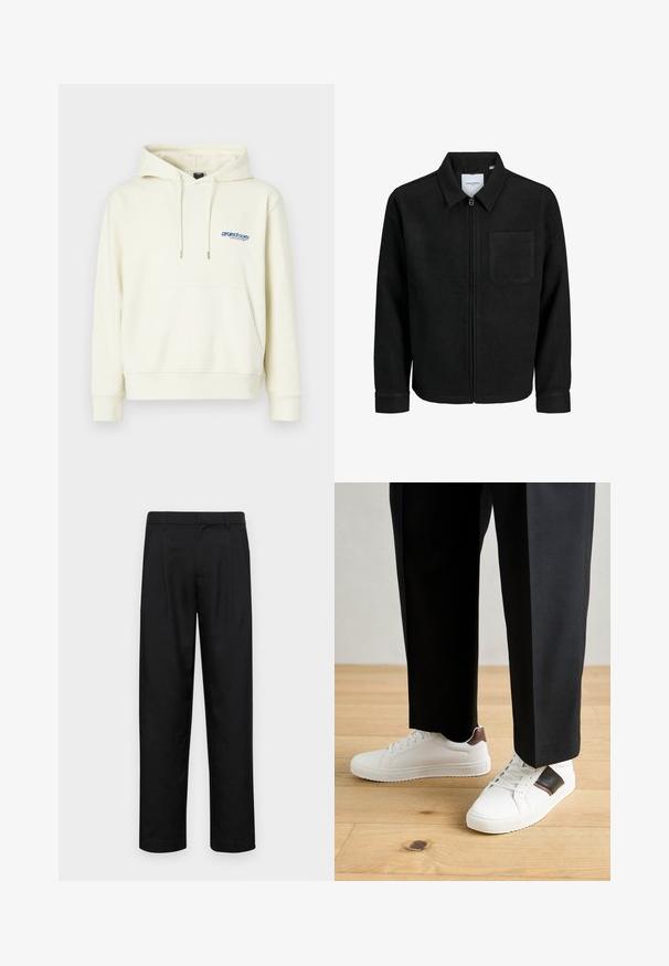 Sort lynlåsjakke med krave og en enkelt brystlomme, vist på hvid baggrund.; Cremefarvet hættetrøje med en frontlomme, snoretræk i hætten og blåt logo på brystet. Blødt stof med en afslappet pasform og ribbede manchetter.; Sorte bukser lavet af glat stof, med et lige ben-design, to frontfolder og en standard talje med bæltestropper.; Hvide sneakers med glat tekstur, prydet med brune læderdetaljer og sorte detaljer, sammen med sorte skræddersyede bukser. Baggrund med trægulv.