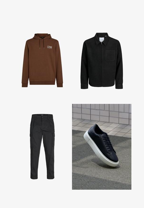 Chaqueta negra con cremallera y cuello, con un solo bolsillo en el pecho, expuesta sobre un fondo blanco.; Sudadera marrón con capucha, que presenta un logo blanco en la parte superior izquierda. Fabricada con un tejido suave y con puños y dobladillo de canalé.; Pantalones cargo negros hechos de tela resistente, que cuentan con múltiples bolsillos, un cierre de botón y un diseño de corte slim con piernas ajustadas.; Zapatilla de cuero negro con punta redonda y suela de goma blanca. Presenta cordones planos y un mínimo de costuras en la parte superior. Suela texturizada para proporcionar agarre.