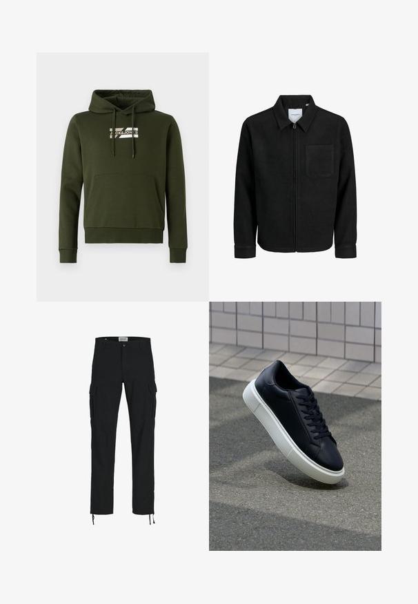 Zwarte zip-up jas met kraag en enkele borstzak, weergegeven op een witte achtergrond.; Olijfgroene hoodie gemaakt van zachte stof, met een voorste kangoeroezak, ribgebreide boorden en koorden met een wit logo op de borst.; Zwarte cargobroek met een rechte snit, voorzien van zijzakken, een knoopsluiting en elastische trekkoorden bij de enkels. Gemaakt van duurzame stof.; Zwarte leren sneaker met een ronde neus en een witte rubberen zool. Voorzien van platte veters en minimale stiksels op het bovenwerk. Textuurrijke zool voor grip.