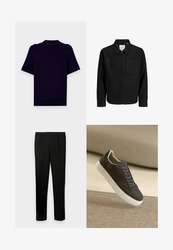 Fekete, zipzáros dzseki gallérral és egyetlen mellzsebbel, fehér háttéren.; Rövid ujjú T-shirt sötétlila színben, puha anyagból készült. Kerek nyakkivágású, és bordás díszítéssel rendelkezik az alján és az ujjak szélein.; Fekete, formázott nadrág lapos elülső résszel, két redővel, gombos záródással, oldalsó zsebekkel és egyenes lábakkal. Simább anyagból készült.; Sötétszürke velúr sportcipő, illeszkedő fűzőkkel és fehér gumitalppal, egy texturált bézs felület felett helyezkedik el, lágy háttérrel.