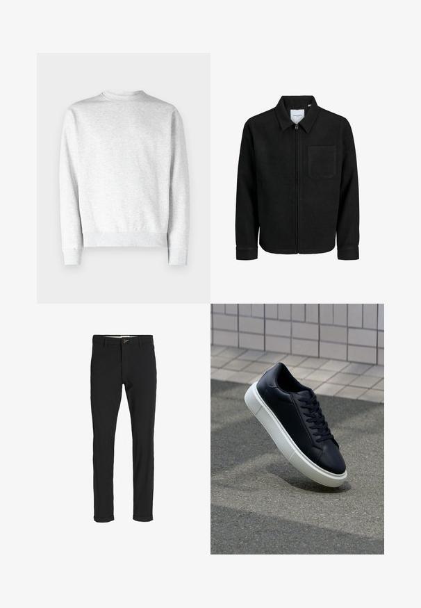 Mustaga lukuga jakker, millel on krae ja üks rinna-tasku, esitatud valgel taustal.; Heled hall crewneck sviiter, mis on valmistatud pehmest fliismaterjalist. Sviitril on soonikkoes varrukate ja hem, samuti sujuv tekstuur.; Mustast puuvillasegustest pükstest õhukese lõikega, milles on nööbikinnitus, taskud ja keeratud sääred, et saavutada lõdva lõppviimistluse.; Mustast nahast tennisetoss, millel on ümar nina ja valge kummist tall. Omab siredaid paelu ja minimaalset õmblemist ülemises osas. Tekstuuriga tald, mis tagab haakuvuse.