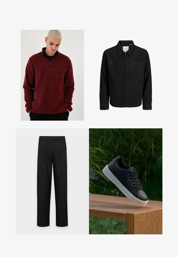 Mustaga lukuga jakker, millel on krae ja üks rinna-tasku, esitatud valgel taustal.; Burgundi värvi fleece-kampsun kõrge krae, poolelt tõmbeluku ja mustade detailidega. Pehme tekstuur, pikad varrukad ja horisontaalne õmbluse detail.; Mustad mustadest riietest, millel on sirge jalgade disain, kaks eesmist voltimist ja tavaline vöökoht, millel on vöökohad.; Must värvi nahast tennisekingad siledast materjalist, valge kummist tald ja kuus aukku paelte jaoks, asetatud puidust pinnale.