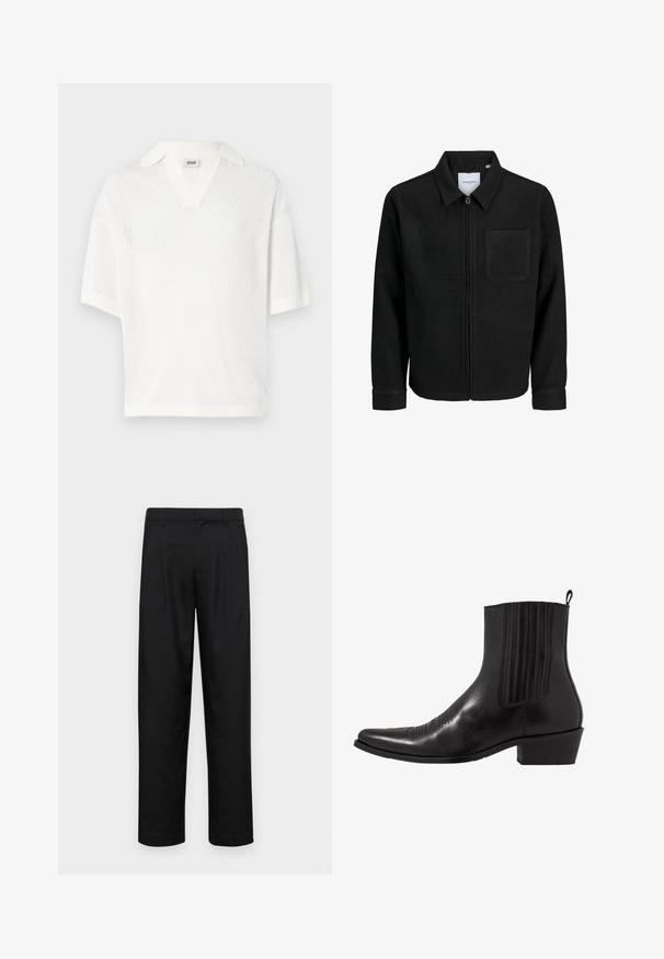 Zwarte zip-up jas met kraag en enkele borstzak, weergegeven op een witte achtergrond.; Witte korte mouw pullover trui met een V-hals, gemaakt van lichtgewicht mesh-stof. Heeft een effen kraag en een comfortabele pasvorm.; Zwarte broeken van gladde stof, met een recht model, twee voorknikken en een standaard tailleband met riemlussen.; Zwarte leren enkellaarzen met een spitse neus, elastische zijpanele, verticale stiksels en een lage blokhak.