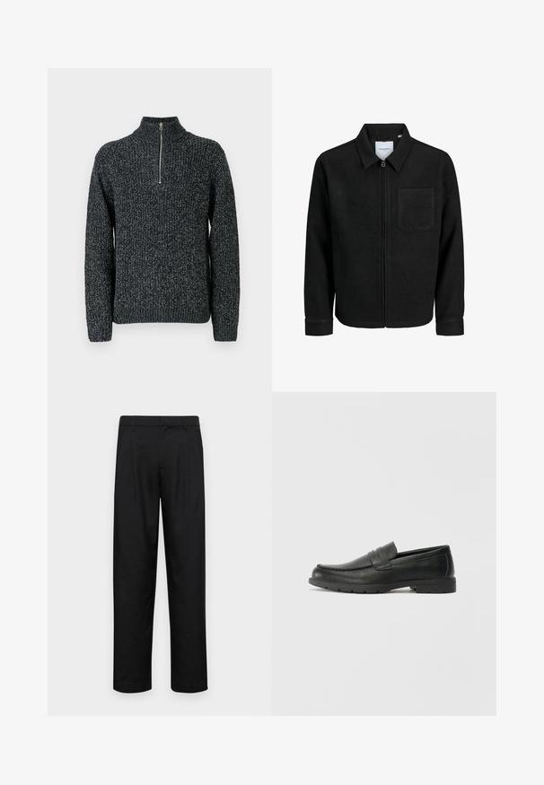 Schwarze Zip-Jacke mit Kragen und einer einzelnen Brusttasche, auf weißem Hintergrund präsentiert.; Strickpullover in Dunkelgrau mit hohem Kragen und einem Viertelreißverschluss. Besteht aus strukturiertem Garn mit leicht meliertem Aussehen.; Schwarze Hose aus glattem Stoff, mit geradem Bein Design, zwei vorderen Falten und einem Standardbund mit Gürtelschlaufen.; Schwarze Lederloafers mit glatter Oberfläche, Mokassin-oberteil, genähten Details und Gummisohle. Klassisches Design mit niedrigem Absatz.