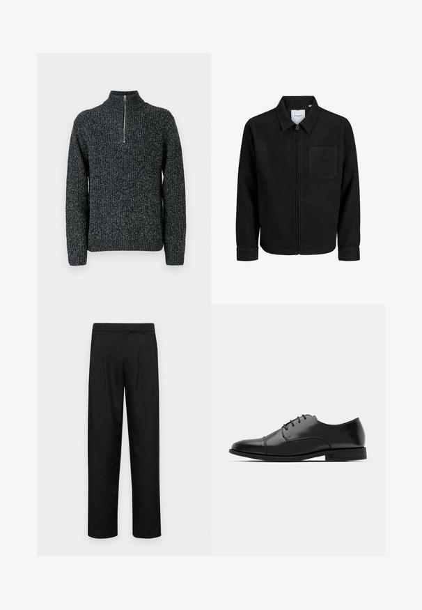 Black zip-up jacket with collar and single chest pocket, displayed on white background.; Knit sweater in dark gray with a high collar and a quarter zip. Features textured yarn with a slightly heathered appearance.; Black trousers made of smooth fabric, featuring a straight-leg design, two front pleats, and standard waistband with belt loops.; Black leather dress shoe with a rounded toe, lace-up design, subtle stitching details, and a low heel. Smooth texture with polished finish.