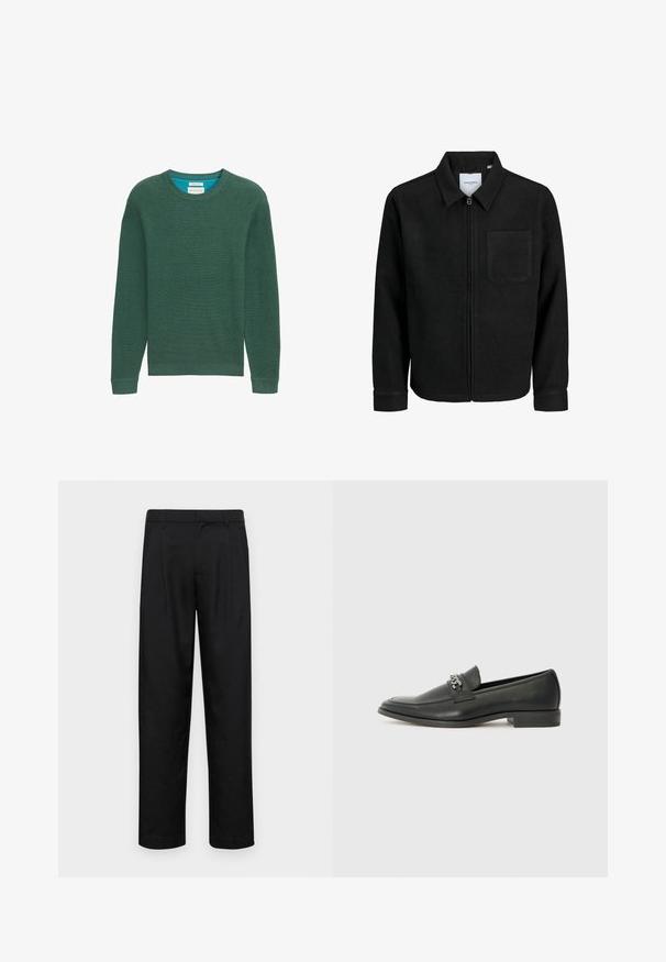 Fekete, zipzáros dzseki gallérral és egyetlen mellzsebbel, fehér háttéren.; Zöld kötött pulóver kerek nyakkal, hosszú ujjal, bordás textúrával és ellentétes kék belső nyakkivágással. Egyszerű dizájn, nincs látható minta.; Fekete nadrág sima anyagból, egyenes szárú fazonnal, két elülső redővel és közönséges derékkal, övhurkokkal.; Fekete bőr loaferek sima felülettel, varrott mintával és díszítő fém lánccal a cipő elején. Lapos sarok.