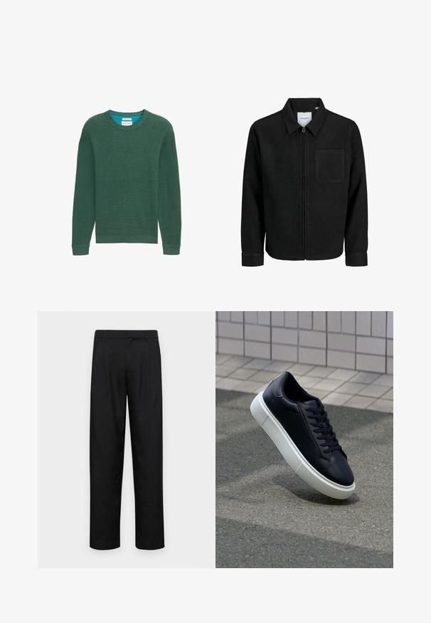 Črna jakna z zadrgo in ovratnikom ter enim žepom na prsih, prikazana na beli podlagi.; Zeleni pleteni pulover s okroglim izrezom, dolgimi rokavi, rebrasto teksturo in kontrastnim modrim notranjim izrezom. Preprost dizajn, brez vidnih vzorcev.; Črne hlače iz gladkega materiala, s krojem ravne noge, dvema sprednjima pregiboma in standardnim pasom z zankami za pas.; Črne usnjene superge z zaobljenim prstom in belim gumijastim podplat. Imajo ravne vezalke in minimalno šivanje na zgornjem delu. Teksturirani podplat za oprijem.