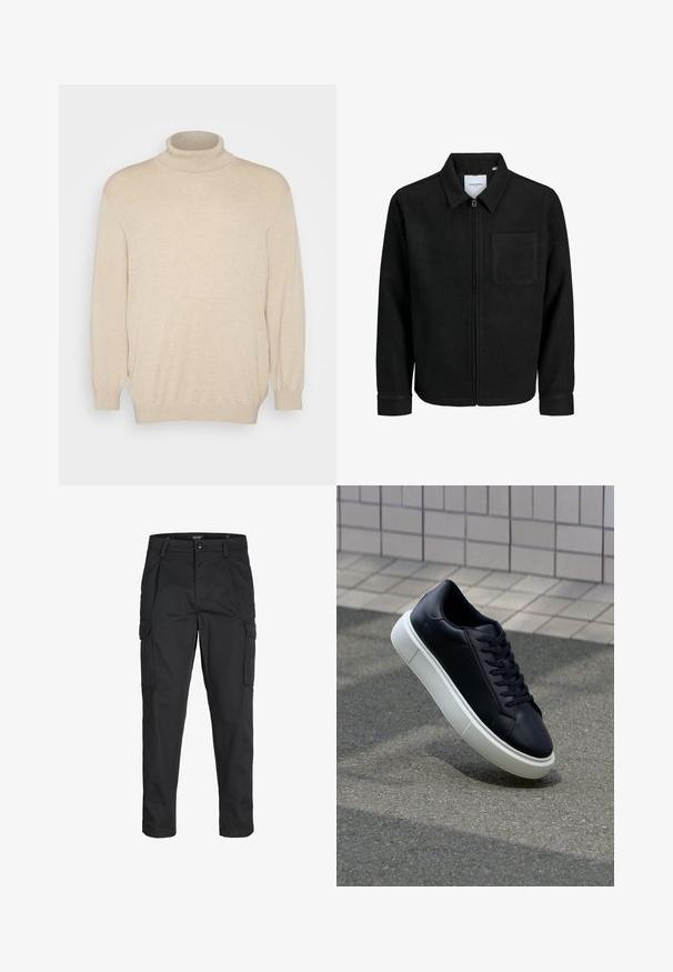 Jachetă neagră cu fermoar, cu guler și un singur buzunar pe piept, expusă pe fundal alb.; Jack & Jones JJEEMIL ROLL NECK - Pulover - oatmeal; Pantaloni cargo negri dintr-un material rezistent, cu multiple buzunare, închidere cu nasture și un design slim fit cu picioare conice.; Tenis cu piele neagră, cu vârful rotund și talpă din cauciuc alb. Are șireturi plate și cusături minime pe suprafață. Tălpile texturate oferă aderență.