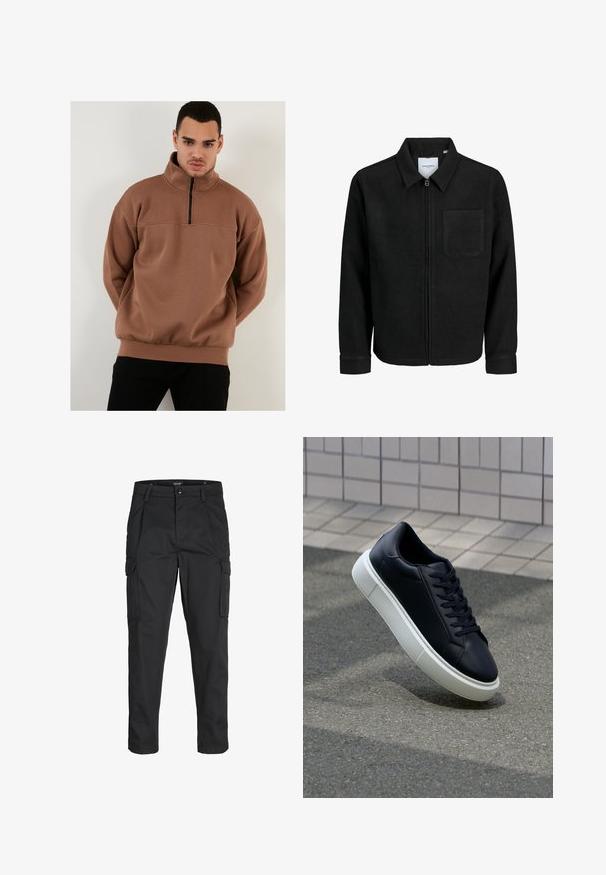 Zwarte zip-up jas met kraag en enkele borstzak, weergegeven op een witte achtergrond.; Bruine hoodie met rits en hoge kraag, gemaakt van zacht materiaal, met een relaxte pasvorm en ribgebreide manchetten en zoom.; Zwarte cargobroek van stevig stof, met meerdere zakken, een knoopsluiting en een slim fit ontwerp met taps toelopende benen.; Zwarte leren sneaker met een ronde neus en een witte rubberen zool. Voorzien van platte veters en minimale stiksels op het bovenwerk. Textuurrijke zool voor grip.