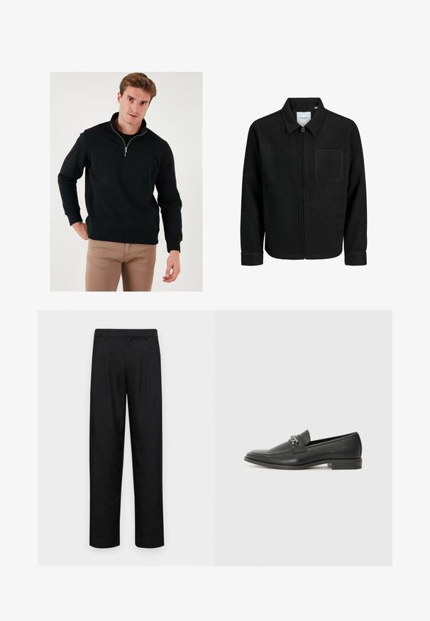 Svart zip-jacka med krage och en enda bröstficka, visad på vit bakgrund.; Svart zip-up sweatshirt med hög krage, långa ärmar och avslappnad passform. Tillverkad i ett mjukt tyg med ribbad muddar och nederkant.; Svarta byxor i slät väv, med rak ben-design, två framfickor och standardmidja med bälteshällor.; Svart läderloafers med en slät yta, med en sydd design och en dekorativ metallkedjeaccent över västen. Platt häldesign.