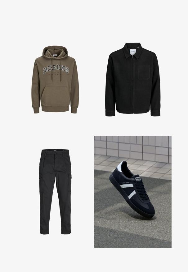 Juodas džemperis su užtrauktuku, apykakle ir vienu krūtiniu kišenėje, pristatytas baltame fone.; Alyvinės žalios spalvos džemperis su raišteliu, kengūros kišene, krakmoliuota rankovių ir apačios dalimi, ant priekinės dalies yra užrašas "JACK & JONES" ir "EST. 90 WORLDWIDE".; Juodi krovinių tipo džinsai, pagaminti iš tvirto audinio, su keliais kišeniais, mygtuko uždarymu ir siauru, prigludusiu dizainu su siaurėjančiomis kojomis.; Juodas odinis sportinis batelis su baltais dryžiais, tekstūruota gumine padais ir raišteliais priekyje. Yra prekės ženklą žymintis etiketė ant liežuvio.