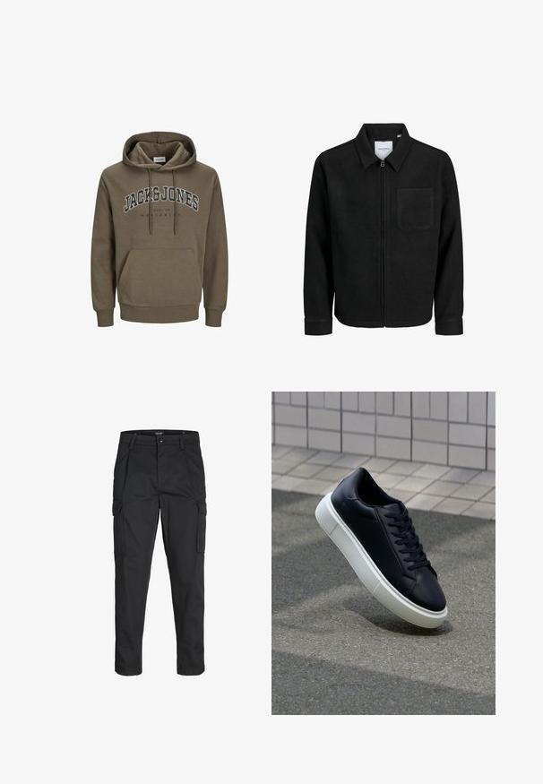 Giacca nera con zip, colletto e una tasca sul petto, mostrata su sfondo bianco.; Felpa verde oliva con cappuccio regolabile, tasca a marsupio, polsini e orlo a costine, con la scritta "JACK & JONES" e "EST. 90 WORLDWIDE" stampata sul davanti.; Pantaloni cargo neri realizzati in un tessuto resistente, dotati di molteplici tasche, chiusura con bottone e un design aderente con gambe affusolate.; Sneaker in pelle nera con punta arrotondata e suola in gomma bianca. Presenta lacci piatti e cuciture minime sulla parte superiore. Suola testurizzata per una migliore aderenza.