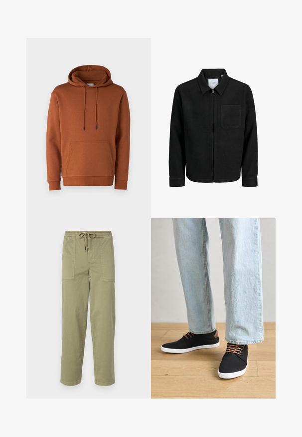 Black zip-up jacket with collar and single chest pocket, displayed on white background.; Jack & Jones JJEBRADLEY - Sweatshirt - mocha bisque; Light olive green pants made of cotton blend fabric, featuring an elastic waistband with drawstring, and two large side pockets.; Black canvas sneakers with brown accents, white rubber soles, and brown laces, paired with light blue straight-leg jeans. Wood floor background.