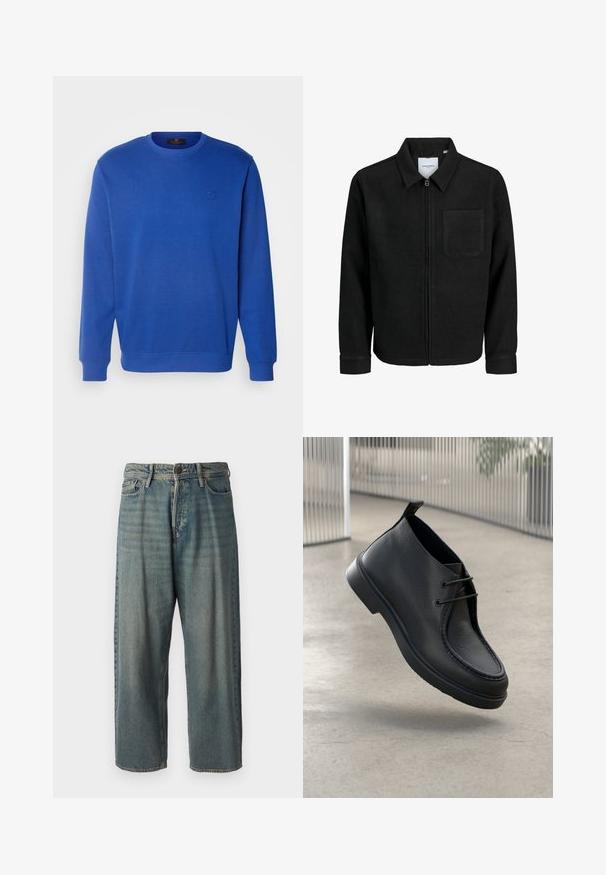Melna jaka ar rāvējslēdzēju un apkakli, vienu krūšu kabatu, parādīta uz baltas fona.; Zila džemperis ar apaļu kakla izgriezumu, garām piedurknēm un ribota gala. Uz krūškurvja ir smalks izšūts logo. Izgatavots no kokvilnas maisījuma.; Gaiši zili džinsi ar brīvu piegriezumu, vidējo jostas augstumu un taisnām kājām. Satur piecas kabatas, jostas cilpas un pogu aizdari.; Melnas ādas kurpes ar gludu tekstūru, noapaļotu purngalu un aukliņu dizainu; ir zema profila zole un aizmugures cilpa.
