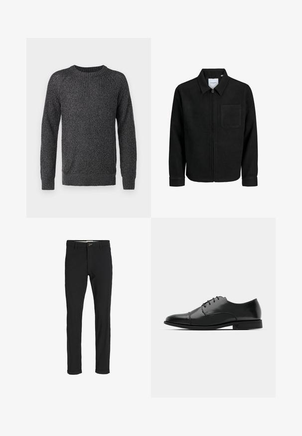 Giacca nera con zip, colletto e una tasca sul petto, mostrata su sfondo bianco.; Jack & Jones JJJONES CREW NECK - Maglione - asphalt; Pantaloni neri in cotone misto con vestibilità slim, dotati di chiusura con bottone, tasche e orli arrotolati per un look informale.; Scarpa da uomo in pelle nera con punta rotonda, design con lacci, dettagli di cucitura discreti e tacco basso. Texture liscia con finitura lucida.