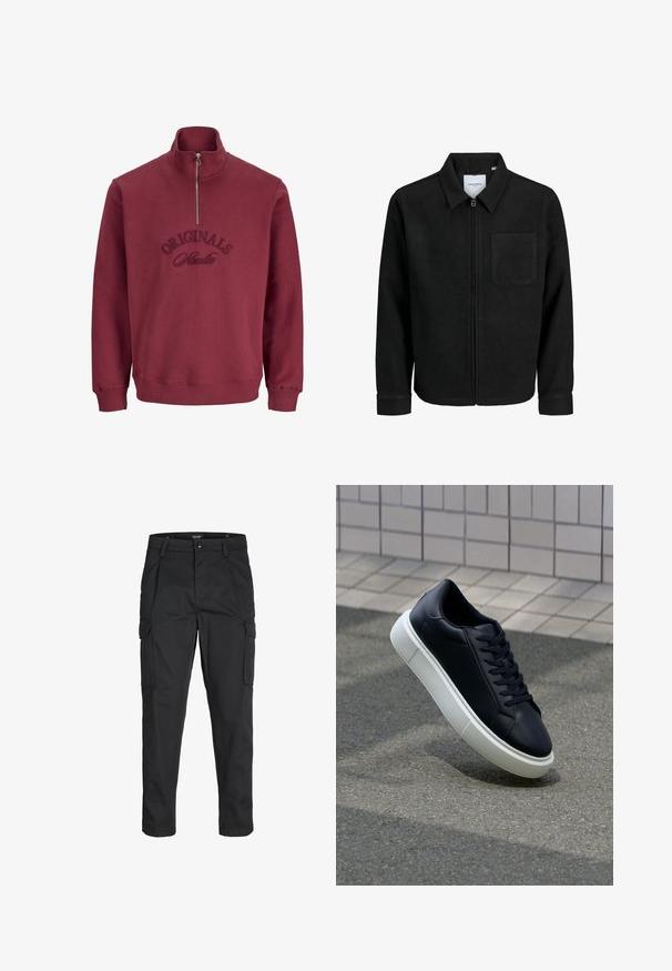 Giacca nera con zip, colletto e una tasca sul petto, mostrata su sfondo bianco.; Felpa borgogna con zip, presenta un colletto alto, polsini a coste e testo ricamato "Originals Studio" sulla parte frontale. Tessuto morbido e testurizzato.; Pantaloni cargo neri realizzati in un tessuto resistente, dotati di molteplici tasche, chiusura con bottone e un design aderente con gambe affusolate.; Sneaker in pelle nera con punta arrotondata e suola in gomma bianca. Presenta lacci piatti e cuciture minime sulla parte superiore. Suola testurizzata per una migliore aderenza.