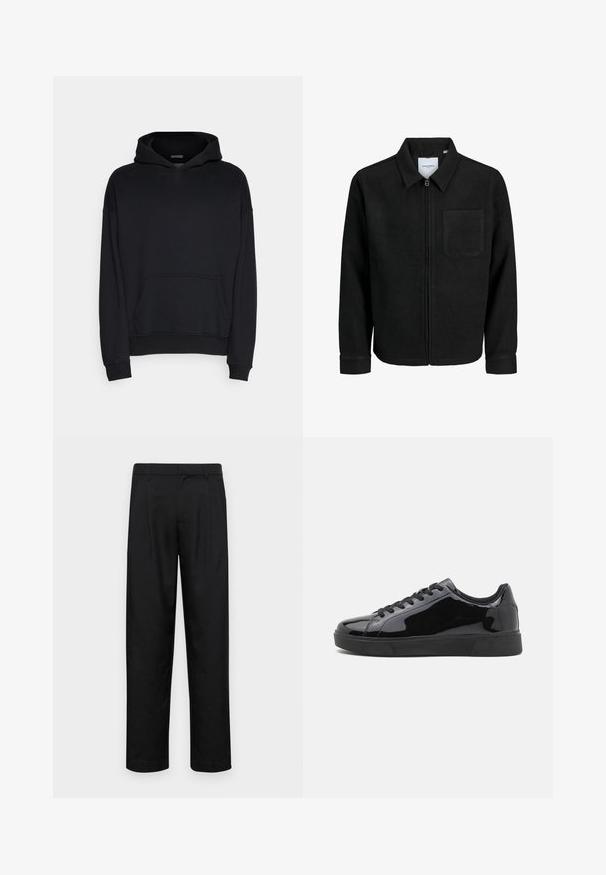 Jachetă neagră cu fermoar, cu guler și un singur buzunar pe piept, expusă pe fundal alb.; Hanorac negru din țesătură din bumbac amestecat. Are o buzunar mare în față, mansete ribben și o glugă cu șnur. Textură fină.; Pantaloni negri dintr-un material neted, cu un design drept, două pliuri frontale și un tiv standard cu bucle pentru curea.; Tenisi din piele lacuită neagră, cu vârf rotund, talpă plată din cauciuc și șireturi negre. Textură netedă și lucioasă pe suprafața superioară.
