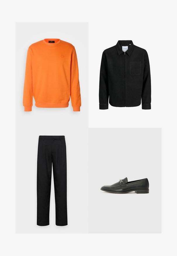 Sort lynlåsjakke med krave og en enkelt brystlomme, vist på hvid baggrund.; Orange sweatshirt lavet af bomuld med rund hals, lange ærmer og ribstrikkede manchetter. Har et lille præget logo på brystet.; Sorte bukser lavet af glat stof, med et lige ben-design, to frontfolder og en standard talje med bæltestropper.; Sorte læder loafers med en glat finish, der har et syet design og et dekorativt metal kædeaccent hen over vamps. Flad hæl.