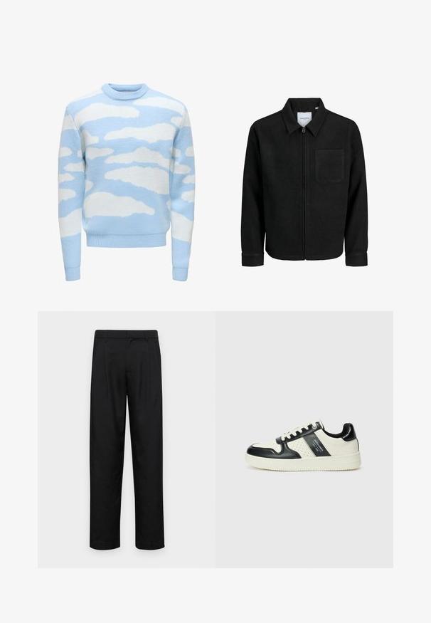 Fekete, zipzáros dzseki gallérral és egyetlen mellzsebbel, fehér háttéren.; Világoskék pulóver, amelynek texturált kötése fehér felhőmintával díszített. Kerek nyakkivágással és bordázott mandzsettával, valamint aljjal rendelkezik.; Fekete nadrág sima anyagból, egyenes szárú fazonnal, két elülső redővel és közönséges derékkal, övhurkokkal.; Fekete és krém színű bőrsneaker, perforált díszítésekkel, párnázott bokapánttal és texturált talppal.