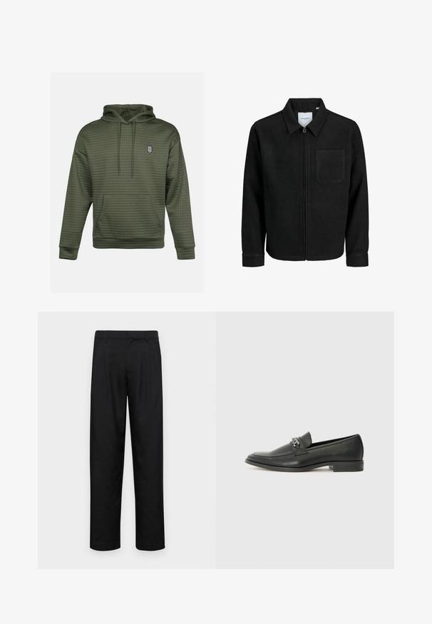 Mustaga lukuga jakker, millel on krae ja üks rinna-tasku, esitatud valgel taustal.; Oliivroheline sviiter, millel on tikitud tekstuur, keskmine känguru tasku ja väike broderi logo rinna kohal. Reguleeritav nööriga kapuuts.; Mustad mustadest riietest, millel on sirge jalgade disain, kaks eesmist voltimist ja tavaline vöökoht, millel on vöökohad.; Must haveate nahkking punased, millel on sile viimistlus, tikitud muster ja dekoratiivne metallkett vampi üle. Tasane konts.