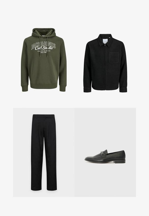 Giacca nera con zip, colletto e una tasca sul petto, mostrata su sfondo bianco.; Felpa verde oliva con cappuccio e coulisse, caratterizzata da una stampa grafica bianca che include il testo "JACK&JONES Coll. Studio." Tessuto morbido, vestibilità comoda.; Pantaloni neri realizzati in tessuto liscio, caratterizzati da un taglio dritto, due pieghe frontali e una vita standard con passanti per la cintura.; Mocassino in pelle nera con finitura liscia, caratterizzato da un design cucito e da un accento decorativo in catena metallica sul vamp. Tacco piatto.