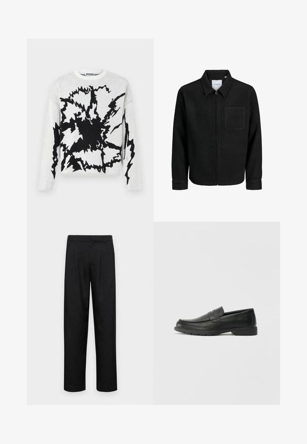 Black zip-up jacket with collar and single chest pocket, displayed on white background.; Knitted sweater featuring a black abstract pattern on a white background, with a crew neck and long sleeves. Soft texture. Brand label visible.; Black trousers made of smooth fabric, featuring a straight-leg design, two front pleats, and standard waistband with belt loops.; Black leather loafers with a smooth finish, moccasin-style upper, stitched detailing, and a rubber sole. Classic design with a low heel.