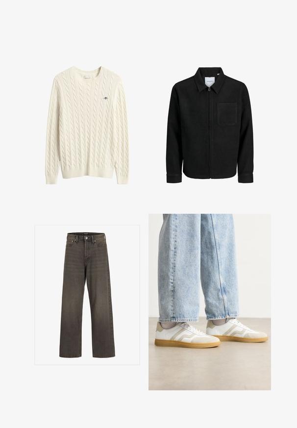 Zwarte zip-up jas met kraag en enkele borstzak, weergegeven op een witte achtergrond.; Roomkleurige kabelgebreide trui met een geribde ronde hals en zoom. Klein logo in het blauw op de borst geborduurd. Zachte, gestructureerde stof.; Wijde jeans in donkergrijze denim met een hoge taille, een klassieke vijf-pocketontwerp en contrasterende stiksels langs de naden.; Witte sneakers met beige suède accenten en lichte rubberen zolen; voorzien van een lage schacht en textuurdetails op de bovenkant.