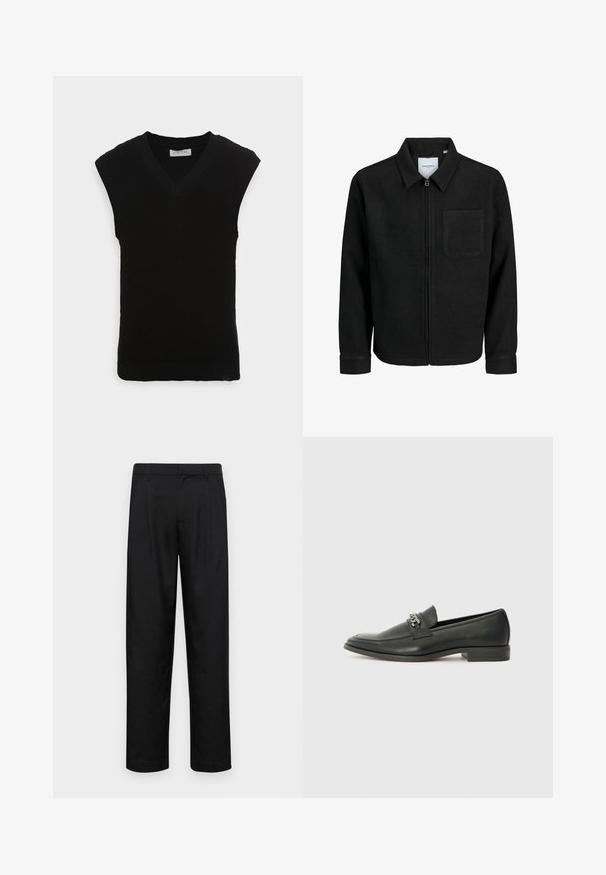 Juodas džemperis su užtrauktuku, apykakle ir vienu krūtiniu kišenėje, pristatytas baltame fone.; Juodas be rankovių megztas liemenė su V formos iškirpte ir grioveliais, turintis lygų kraštą ir be papildomų papuošimų.; Juodi kelnių modeliai, pagaminti iš lygios medžiagos, turi tiesią kojas, du priekiniai klostės ir standartinę juosmenį su diržo kilpomis.; Juodos odinės loafer tipo bateliai su lygiu paviršiumi, turintys siuvinėtą dizainą ir dekoratyvų metalo grandinėlės akcentą ant batų viršaus. Plokščias kulnas.