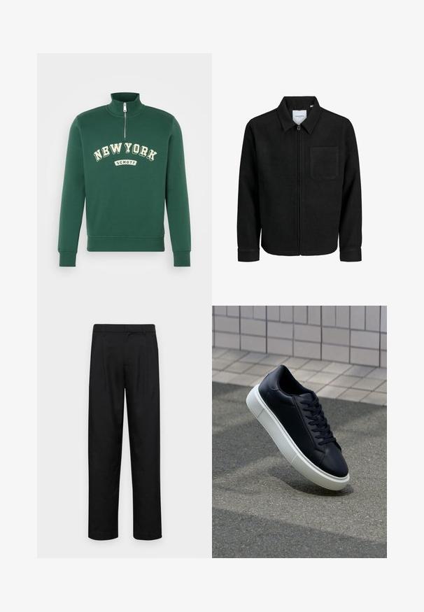 Giacca nera con zip, colletto e una tasca sul petto, mostrata su sfondo bianco.; Felpa verde con colletto alto e chiusura a mezze zip, caratterizzata dalla scritta "NEW YORK" e "SCHOTT" in crema. Tessuto morbido con polsini a costine.; Pantaloni neri realizzati in tessuto liscio, caratterizzati da un taglio dritto, due pieghe frontali e una vita standard con passanti per la cintura.; Sneaker in pelle nera con punta arrotondata e suola in gomma bianca. Presenta lacci piatti e cuciture minime sulla parte superiore. Suola testurizzata per una migliore aderenza.