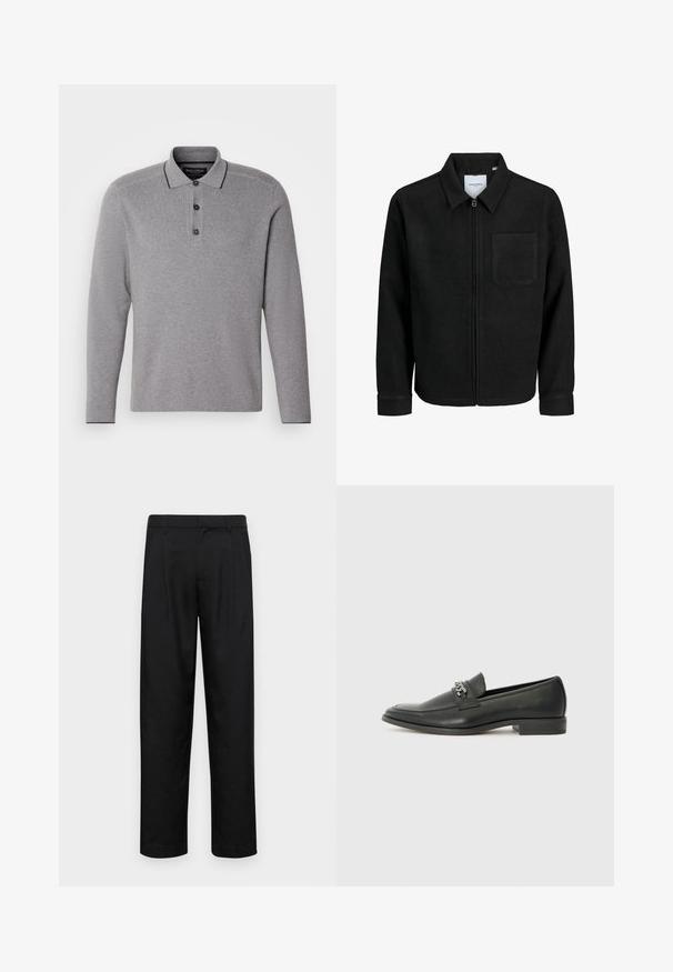 Czarna kurtka z zamkiem na całej długości, z kołnierzem i jedną kieszenią na piersi, umieszczona na białym tle.; Szary polo w długim rękawie z trzema guzikami, kontrastowym wykończeniem kołnierzyka oraz teksturowanym wykończeniem materiału.; Czarne spodnie wykonane z gładkiego materiału, z prostą nogawką, dwoma fałdami z przodu oraz standardowym paskiem z wypustkami na pasek.; Czarne skórzane mokasyny o gładkim wykończeniu, z haftowanym wzorem i dekoracyjnym akcentem z metalowego łańcucha na wierzchu. Płaska pięta.