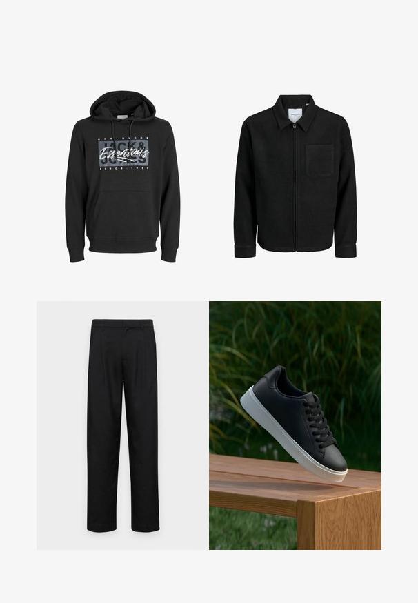 Crna jakna na zip s ovratnikom i jednim džepom na prsima, prikazana na bijeloj pozadini.; Crna dukserica s kapuljačom od mješavine pamuka, s prednjim džepom u obliku kengura, rebrastim manžetama i grafičkim otisakm s natpisom "Jack & Jones Essentials".; Crne hlače od glatkog materijala, s dizajnom ravnih nogavica, dva prednja nabora i standardnim pojasom s petljama za remen.; Crne kožne tenisice s glatkom teksturom, bijelim gumeni potplat i šest rupica za vezice, izložene na drvenoj površini.
