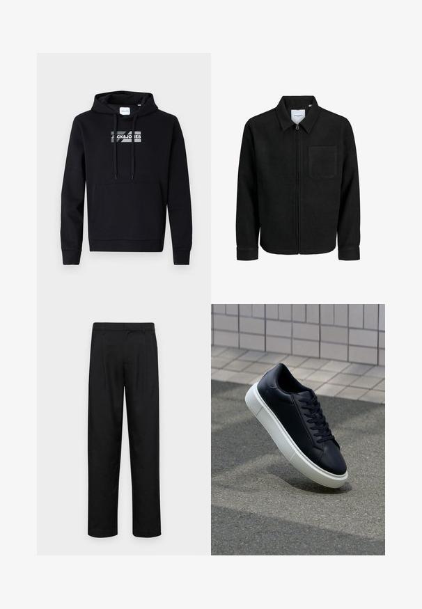 Schwarze Zip-Jacke mit Kragen und einer einzelnen Brusttasche, auf weißem Hintergrund präsentiert.; Schwarzer Kapuzenpullover aus weichem Stoff, mit einer vorderen Kängurutasche und einem bedruckten Logo auf der Brust. Lange Ärmel mit gerippten Bündchen.; Schwarze Hose aus glattem Stoff, mit geradem Bein Design, zwei vorderen Falten und einem Standardbund mit Gürtelschlaufen.; Schwarze Leder-Sneaker mit runder Zehenpartie und weißer Gummisohle. Verfügt über flache Schnürsenkel und minimale Nähte im Obermaterial. Strukturiertes Sohlenprofil für besseren Halt.