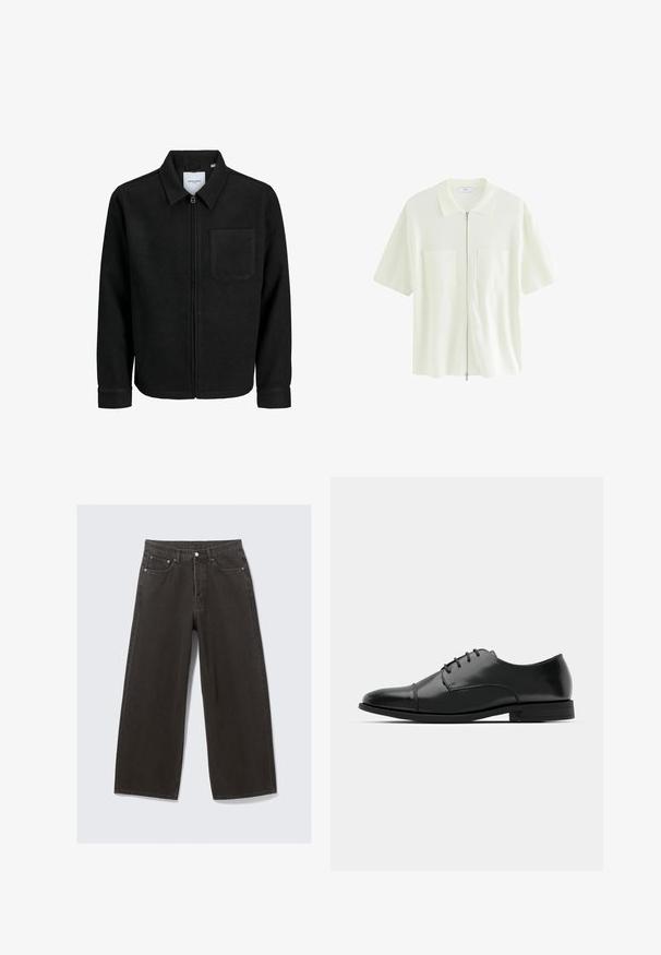 Musta vetoketjullinen takki, jossa on kaulus ja yksi rintatasku, esitelty valkoista taustaa vasten.; Hihaton, valkoinen vetoketjupaita, joka on valmistettu tekstuurista kankaasta. Paidassa on kauluksellinen kaula-aukko ja kaksi etutaskua, joissa on neliönmuotoiset läpät.; Mustat leveät farkut denimistä. Ominaisuuksia ovat tavallinen vyötärö, viisi taskua ja metalliosat. Tikkaukset saumoissa.; Musta nahkakengät, joissa on pyöristetty varvas, nauhakiinnitys, hienovaraiset ompeluyksityiskohdat ja matala korko. Sujuva pinta kiillotetulla viimeistelyllä.