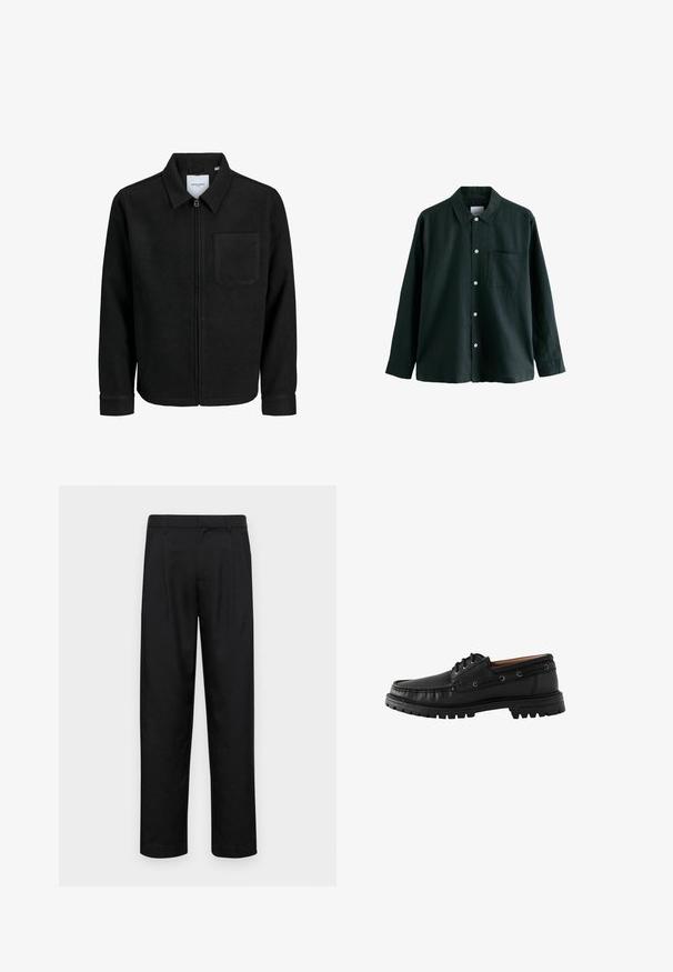 Jachetă neagră cu fermoar, cu guler și un singur buzunar pe piept, expusă pe fundal alb.; Cămașă butonată de culoare verde închis, cu guler, mâneci lungi și un singur buzunar pe piept; dispune de butoane albe și o textură moale.; Pantaloni negri dintr-un material neted, cu un design drept, două pliuri frontale și un tiv standard cu bucle pentru curea.; Mocasin din piele neagră, cu vârf rotund, design cu șireturi și talpă din cauciuc texturat. Prezintă accente de cusătură și ochiuri metalice.