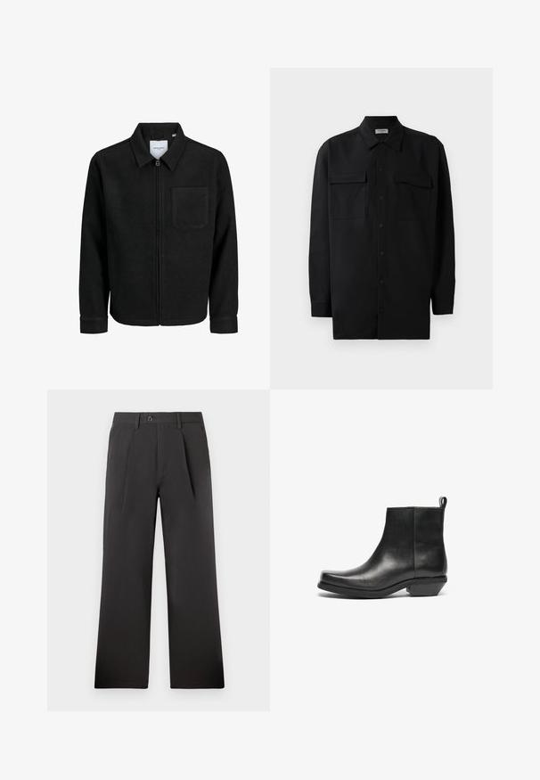 Schwarze Zip-Jacke mit Kragen und einer einzelnen Brusttasche, auf weißem Hintergrund präsentiert.; Schwarzes Hemd mit Knopfleiste aus glattem Stoff, das einen klassischen Kragen, zwei Brusttaschen und lange Ärmel mit Knopfmanschetten aufweist.; Schwarze, plissierte Hosen mit geradem Bein, aus einem glatten Stoff gefertigt. Mit einem Knopfverschluss und Gürtelschlaufen am Bund.; Schwarze Leder-Ankle Boots mit spitz zulaufender Zehenpartie und niedrigem Blockabsatz. Elegantes Design mit glatter Oberfläche und Zuglasche für ein einfaches An- und Ausziehen.